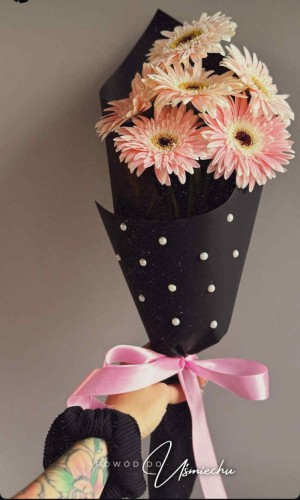 różowa gerbera w czarnym papierze.JPG